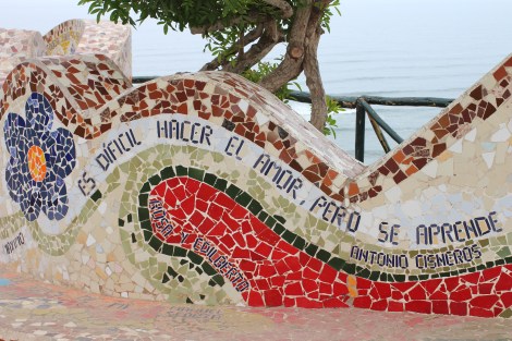 Gaudi-esq mosaic wall at the Parque del Amor